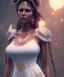 Placeholder: Gipsy, beautiful, curvy body, white fabric dress, beautiful long hair, bandana covering head, long earings, head and shoulders portrait, holding tarot card, 8k resolution concept art portrait by Greg Rutkowski, Unreal Engine 5 volumetric lighting