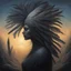 Placeholder: feathers cover her head in dusk and shadow in Tomasz Alen Kopera style