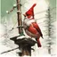 Placeholder: by Russ Mills and Norman Rockwell, perched on telephone line cardinal birds with green Christmas Santa caps, hyperrealistic, morning light, snow, whimsical, Christmas morning theme