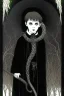 Placeholder: 7 year old boy, necromancer, friendly, looks dead,with a lamprey serpent , wearing black robes, in the style of Harry Clarke