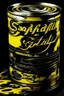 Placeholder: Create a yellow and black can with "Sacrificial Broth" written in neat, legible cursive on it, ensuring all words are spelled correctly; Pop Art; Andy Warhol