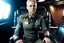 Placeholder: Captain female military tough sitting back in command chair on huge bridge of space cruiser hyper realistic, detailed, tough, menacing, cinematic lighting