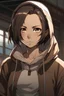 Placeholder: The character of a woman With light brown hair and black eyes, short hairBlack hoodie from anime. attack on titan