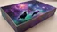 Placeholder: a box 10 cm long by 5 cm wide and 25 cm high, drawn on a box on all sides, space, tress, planets, crow galaxies a lot of colours purple, green and red, very realistic