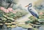 Placeholder: Masterpiece, best quality, runny watercolor painting of lotus flowers, growing in a ditch, with a heron standing on the bank of the ditch, surrounded by ancient trees, ultra sharp detail