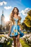 Placeholder: fullbody girl makeup wearing a gold and blue victorian short dress walking in moder city of 2040 park ,flowers ,pretty clouds in blue sky,city escape.