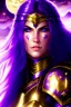 Placeholder: SUPER PRETTY GIRL, WITH A LITTLE WHITE-GOLD ARMOUR, PURPLE LONG HAIRED, NICE EYES, GREATH SMILE, BIG BUBS, NICE BODY, STAY ON DARKNESS CASTLE, STARS SKY, MOON, LEGENDARY WARRIOR, POWERED GIRL, A GOLDEN GLOW AROUND HER BODY.