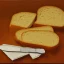 Placeholder: a detailed painting of bread and butter with knife, 1 9 7 0 s, oil on canvas, Minimalism