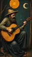 Placeholder: Hieronymus Bosch style , a man playing the acoustic guitar