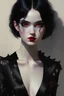 Placeholder: painting by koson ohara and marta bevacqua, portrait of a beautiful goth woman with black hair on modern style, wearing a black dress, 8k, high quality, highly detailed full body