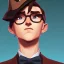 Placeholder: tall young man witbh square glasses, brown hair and grey eyes. He wears blue shirt, dark tails, bow tie and colorful chimney pot hat.