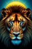 Placeholder: The face of a lion with blue eyes and a large sun behind its head.