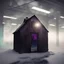 Placeholder: inside the cabin door is a winter tree with aurora borealis - in front of the cabin is just snowy ground without any evidence of humans