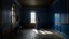 Placeholder: Room with light gray plaster walls and old wooden floor, a square opening in the ceiling like a light well, a woman with long braids wearing a dark blue dress, a small fox sitting and observing the space
