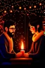 Placeholder: Fire place Christmas scene, dark haired couple, man with short black beard and glasses, blue eyes, young couple, graphic