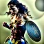 Placeholder: Wonder woman battles a insect, futuristic design, rain in background, close-up face, geometric armor, 3d unreal engine, close up armor, fine detail, cyber parts, parts are hollow