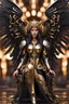 Placeholder: photo full body mechanical lady Angel cyborg straddle wings, using traditional armor,detailed, intricate,gears cogs cables wires circuits, gold silver chrome copper,abstract background