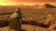 Placeholder: Desert warrior from behind looking at a city on a plato in the distance,