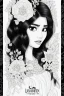 Placeholder: hyper detailed, black and white, thick line, coloring book illustration, lineart, stunningly beautiful asian woman in flowers, jim lee