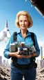 Placeholder: A 60-year-old woman with blond hair, holding an armful of complex electrical equipment, standing in front of a spaceship, with a ruined city in the background.