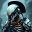Placeholder: Extreme View, Mind Bending View. hyper-realistic action view of a translucid Xenomorph RustMagic elements, highly detailed cyberpunk cyborg samurai mechanical and robotic elements oni suit pearlescent white color helmet with intricate mechanical details, pearlescent black armor made of metal. bones covered by silk, in the style of Man Ray, carrying realistic alien theme with black cowboy hat with 2 guns on hips holster and wild west theme.