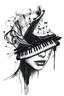 Placeholder: A realistic drawing in negative space black ink on white background of a musical notes and twisted piano keyboard with abstract brushstrokes face tattoos to enhance her face max enrist