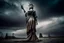 Placeholder: the statue of liberty, dress dirty and torn, her face solemn and terse, trash littered at her feet, she holds a crumpled american flag, she walks away with back turned under a dark and dreary sky, wide angle