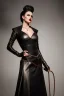 Placeholder: mature beautiful evil witch in black leather gown with a whip in her hand, big chest, angry face, inside a dungeon