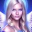 Placeholder: portrait of a beautiful aztecan woman with an angel face smiling,long blond hair, blue eyes, pink and blue dress, jewels, soft light aura