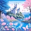 Placeholder: Dans l'avant-plan, des fleurs sauvages imposantes, désordonnées, sont entourées de grands arbres en fleurs aux teintes bleues, blanches et roses. Une étendue d'eau est agrémentée de papillons de grande taille, blancs ou roses, tandis qu'un château féerique et in nt se dresse en arrière-plan, offrant une qualité visuelle exceptionnelle et une représentation réaliste.