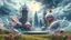 Placeholder: Dynamic cifi country side ,hypnotic of 3D structures Symmetry twisting and morphing between cifi plants , cifi flowers and metal geometric 3d structures buildings ,cifi cars, and an open cifi stage with a future lady singer in it,smooth translucent iridescent glass with inner glow and bubbles, varied transparent materials, stormy skies, intense dramatic