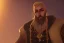 Placeholder: Blonde braided long haired bearded tall man wearing gold rings and long fur trimmed merchant's coat, dark background, dynamic lighting, full body character design, golden glowing eyes