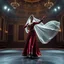 Placeholder: A full-body cinematic photograph of a graceful Azerbaijani woman performing a traditional national dance. She wears an intricately embroidered velvet bodice and a flowing long silk skirt. On her head is a small ornate traditional crown with a long, translucent white lace veil flowing elegantly behind her. She stands in a poised, elegant dance pose on a sleek modern performance stage with dramatic professional spotlighting. The stage is set inside a massive opulent royal hall with high ceilings,
