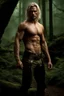 Placeholder: Tall muscular man, heavy set, aged 35 with light shaggy hair which falls around his shoulders, blonde neatly trimmed beard, bare chested, photorealistic, dark fantasy, forest.