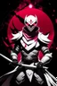 Placeholder: The character, depicted in a striking white armour against a dark wintry backdrop with accents of pink, stands prominently within the scene, accompanied by a red and black circular symbol of significance, a black pointed spear with a red handle. His eyes are showing a dynamic yet menacing expression and he wears a black oni mask covering his mouth with white teeth, he has brown shoulder pads and a white karate belt with a bag attached to it.