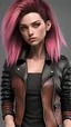 Placeholder: The girl had a distinctive hairstyle – on one side of her head, she rocked a clean-shaven look, while the other side boasted long, brown-to-pink ombre hair adorned with darker horizontal stripes. Completing her edgy style, she wore a black leather jacket with bold spikes on the shoulders., 3d render
