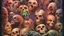 Placeholder: hundreds of non-anatomically correct, dark comic art, graphic novel,human skulls stacked into a wall unusual neon lighting, high velocity, 64k, dystopian, vray, a picture of a dark, comedic, anatomically correct wall of colorful tightly packed skulls of varying sizes and expressions, photo realistic, insanely meticulous, highly detailed, part of a collection of bones on display, 64k, dystopian, vray ,made with stained glass