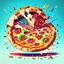 Placeholder: Imagina una gran pizza redonda sobre una mesa explotando pedazos saltando por el aire arte cartoon detallada colores contrastantes