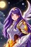 Placeholder: SUPER PRETTY GIRL, WITH A LITTLE WHITE-GOLD ARMOUR, PURPLE LONG HAIRED, NICE EYES, GREATH SMILE, BIG BUBS, NICE BODY, STAY ON DARKNESS CASTLE, STARS SKY, MOON, LEGENDARY WARRIOR, POWERED GIRL, A GOLDEN GLOW AROUND HER BODY.