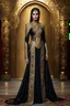 Placeholder: Realistic photography,front view, Beautiful Islamic Iranian super model Iranian Hijab Woman,dressing luxury party gown,looking at viewer,traditional dress ornaments Luxury gown Byzantine traditional, intricate armor, delicate golden shine bright, black metalic parts, detailed part, jewelry diamonds,dynamic pose,abstrac background, dynamic lighting, red hour, full body portrait