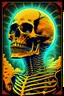 Placeholder: Digital vintage, highly detailed anatomically correct skeleton, electrified, light rays beaming out of the eye sockets, retrofuturism illustration art style, horror art, scifi, 70s cartoonist drawing style, electric colors, horror expression on skull, vintage classic horror art movie poster, grainy, gothic