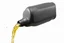 Placeholder: whole bottle(black plastic, 1 liter, quart, motor oil) floating on an angle in middle of image while pouring(oil) out down from the bottle's opening. white background, Smooth vector