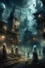 Placeholder: A captivating depiction in digital form, showcasing a plethora of ghost creatures thriving within a surreal and lively ghosts realm. This imaginative artwork embodies the essence of supernatural fiction, presenting a medium shot composition with fantastical beings that are unique, belonging to a world beyond our own. A an old city of ghosts out of this world enhanced by dark atmospheric lighting, Busch painting style nightmare. Thin line draw style