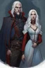 Placeholder: A couple, from the dnd game curse of Strahd. The woman has long white hair and blue eyes, the man has LONG BLACK hair and red eyes, no facial hair.