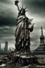 Placeholder: the statue of liberty, dress dirty and torn, her face solemn and terse, trash littered at her feet, the skyline dark and grungy