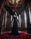 Placeholder: Facing front photography realistic Full body,creepy Vampire ghost woman long hair straddle wings bat she on standing on creepy,in mystery palace vampire,red roses flowers sorrounded background,dramatic angle, extreme angle shot, trypophobia, horror