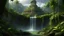 Placeholder: mayan lost temple of jungle palms in the center of a lush garden surrounded by a band of waterfall that flows in The four rivers of fantasy art 3d