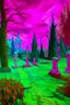 Placeholder: A purplish magenta haunted graveyard with ghosts painted by Vincent van Gogh