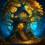 Placeholder: a whimsical, tree-house style dwelling nestled within the twisting branches of a large, autumn-hued tree. The curved stone structure has warm, glowing windows and a blue door, giving it an inviting, cozy appearance against the deep teal night sky. The golden leaves filter the moonlight, creating an enchanting, storybook atmosphere.