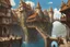 Placeholder: medieval buildings with balconies overhanging lake edge with blue sky and people, photorealism, fantastical, intricate detail, splash screen, concept art